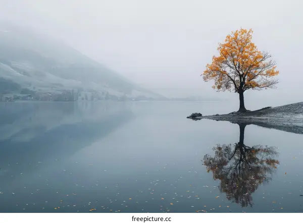 Solitary Tree by the Lake with Misty Mountains