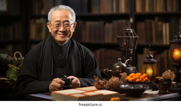 Portrait of a smiling elderly Chinese man in a traditional black outfit sitting at a desk in a library
