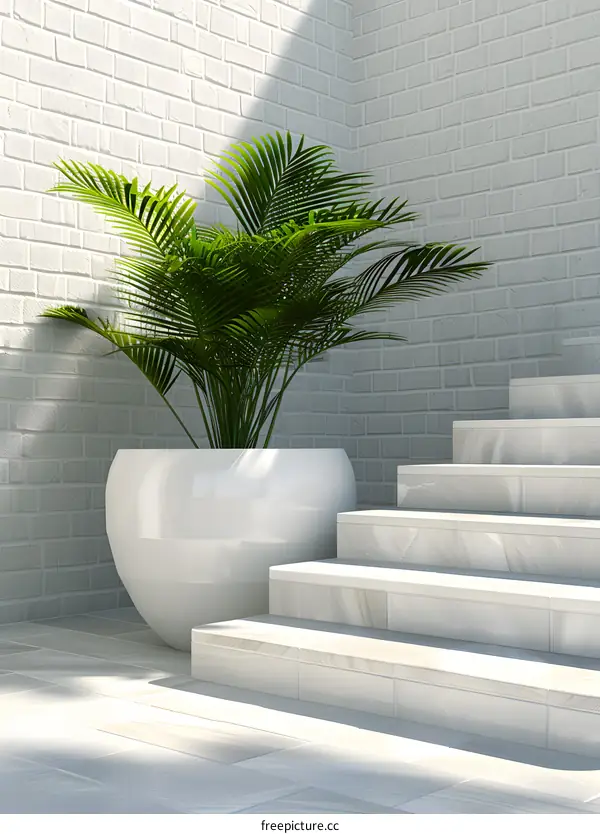 White Brick Wall with Green Palm Tree in a White Pot