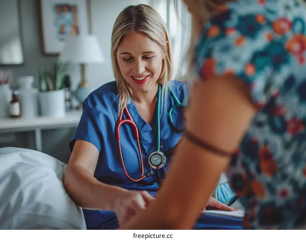 A smiling female doctor is talking to a patient.