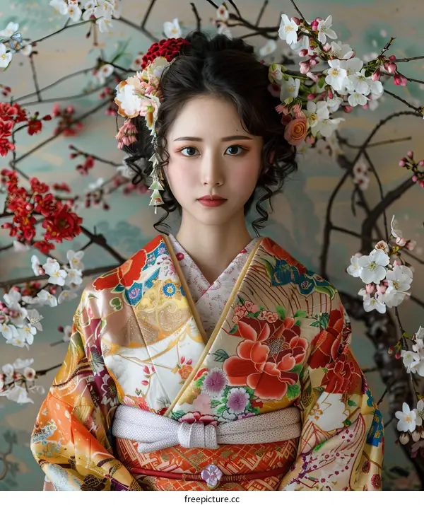 Portrait of a young woman in a kimono with cherry blossoms