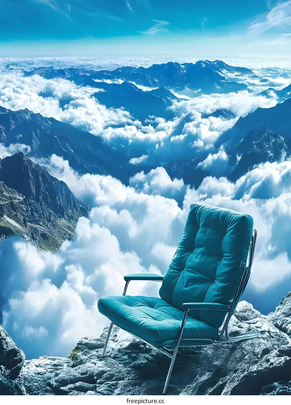 Blue Chair on a Mountaintop with Clouds and Sky