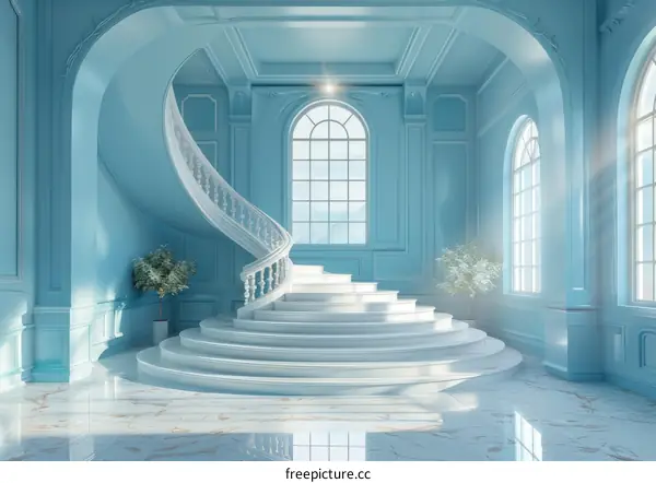 Elegant Light Blue Palace Interior with Spiral Staircase
