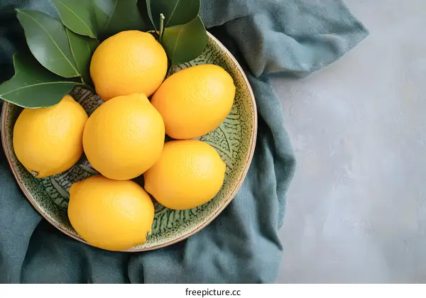 Fresh Yellow Lemons in a Green Bowl with Leaves