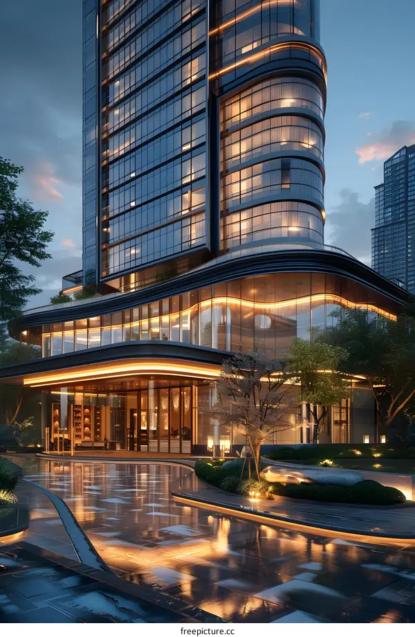 A tall glass skyscraper with a curved glass facade