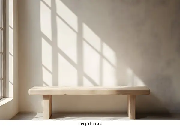 Minimalist Wood Bench with Window Light and Shadow