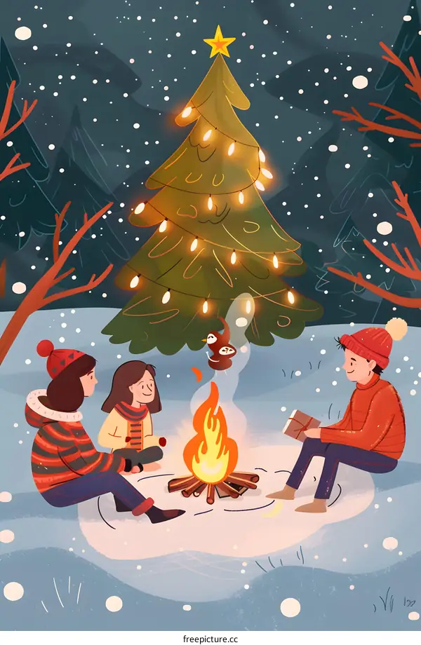 Winter Night Bonfire Christmas Friends Gathering