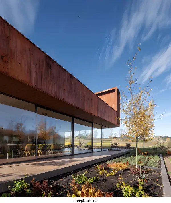 Modern House with Rusty Exterior and Large Glass Windows