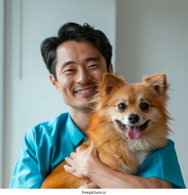 Asian man hugging a small dog