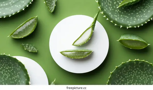 Aloe Vera Leaves Arrangement on Green Background