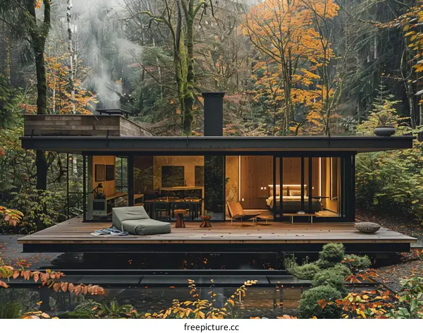 Modern house in the woods with large glass windows
