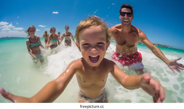 Happy family playing in the water on a sunny day