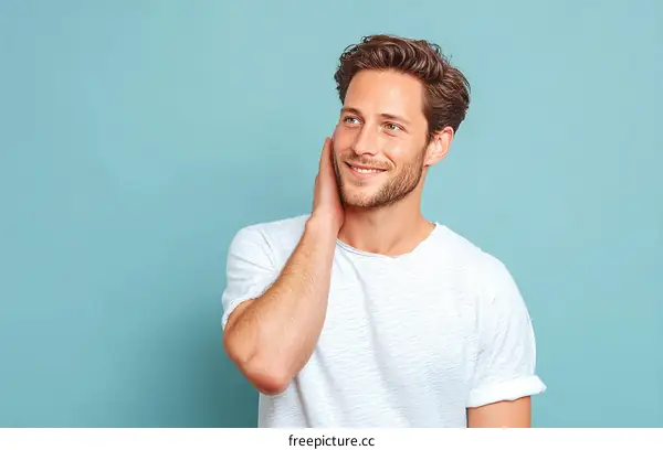 A young man in white t-shirt touching his cheek with smile