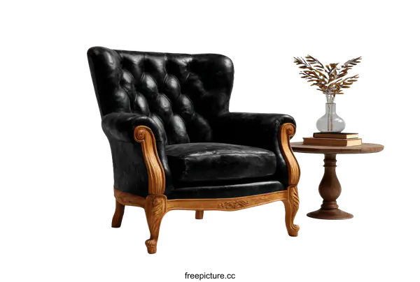 [Transparent Background PNG]Elegant Black Leather Armchair and Side Table Set