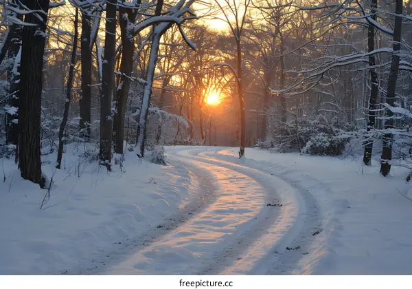 The road through the snowy forest