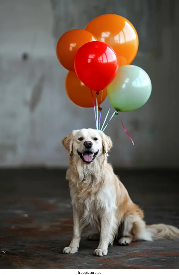 A Golden Retriever with a Bunch of Balloons