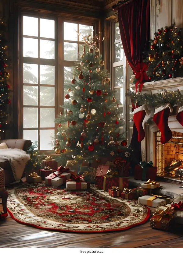 Christmas tree by the fireplace