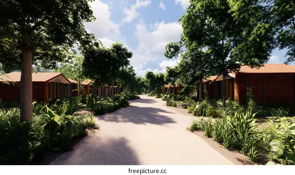 Brick Houses Lined Up With Pathway In Front