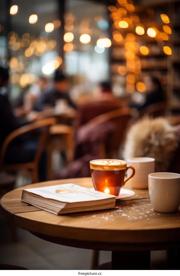 A cup of coffee and a book on a wooden table in a cafe