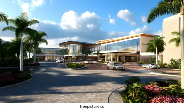 Modern Hotel Entrance with Palm Trees and Blue Sky