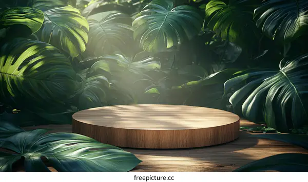 Wooden Display Podium Amidst Lush Tropical Plants