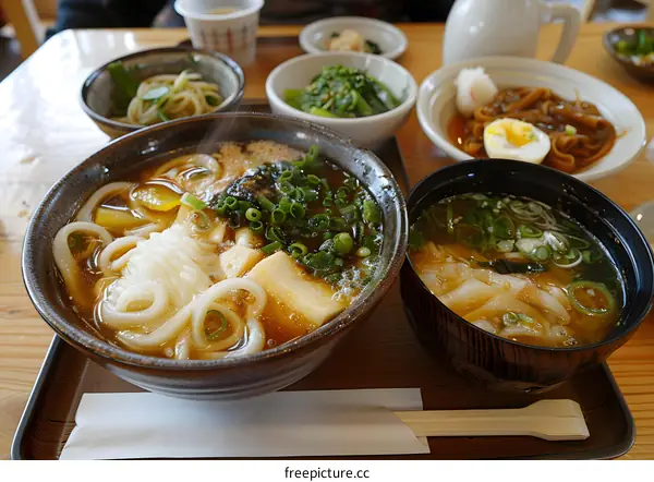 Udon noodle soup with side dishes