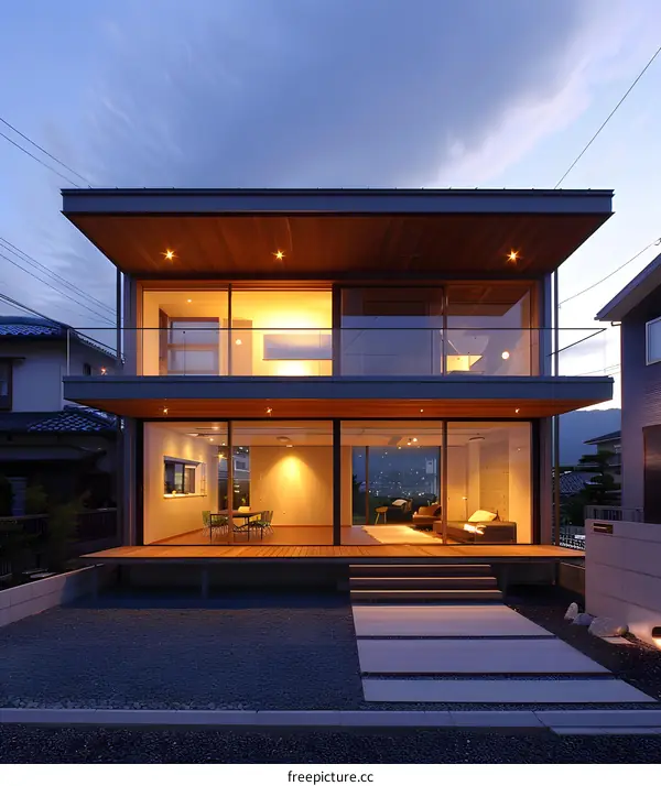Modern Glass And Wood Two Story House With A Front Yard And A Patio