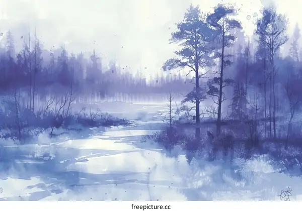 Blue forest landscape with river and trees