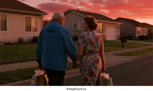 Elderly couple holding hands walking on suburban street at sunset