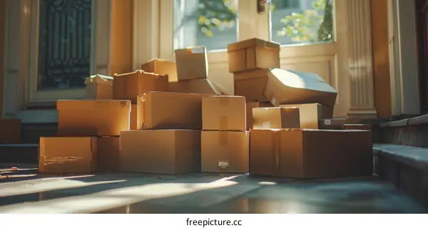Cardboard Boxes Stacked in a Room with a Brightly Lit Window