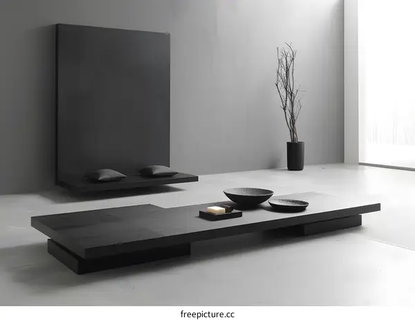 Minimalist Black Coffee Table with Two Cushions and Branches in a Vase
