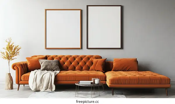 Modern Living Room Interior Design Mockup with Orange Sectional Sofa and Empty Frames