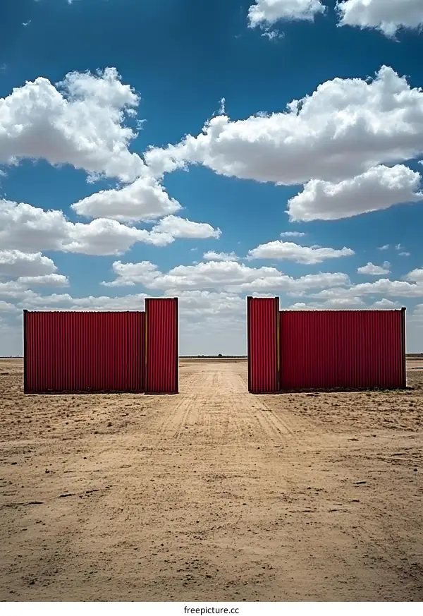 Red Metal Gate In The Desert With Blue Sky And White Clouds