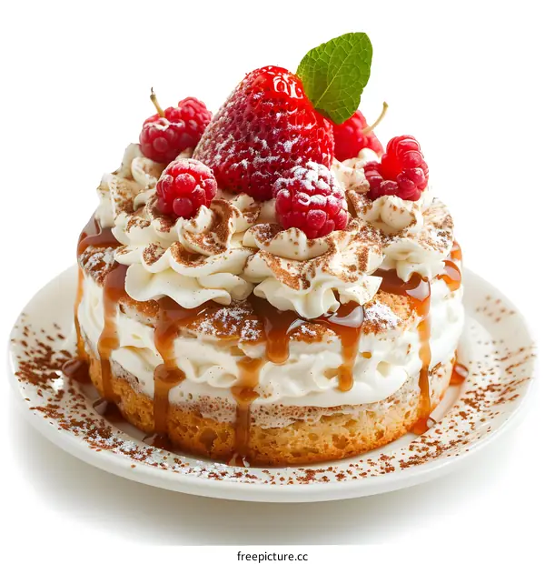 Delicious cake with strawberries and raspberries