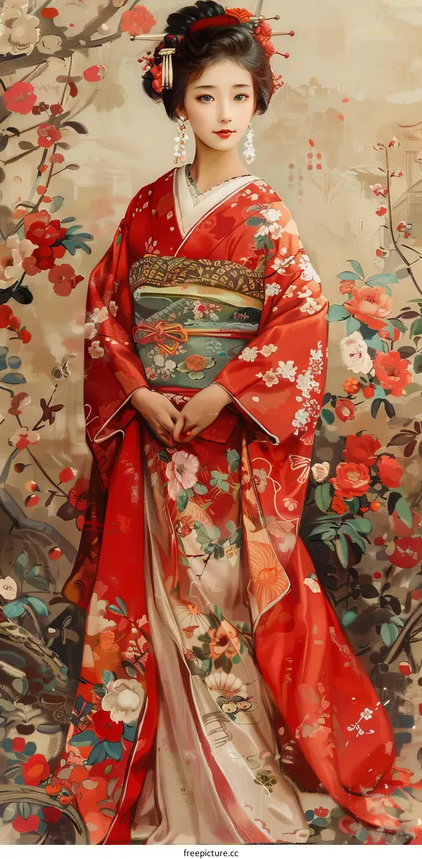 A Japanese woman wearing a red kimono with floral patterns