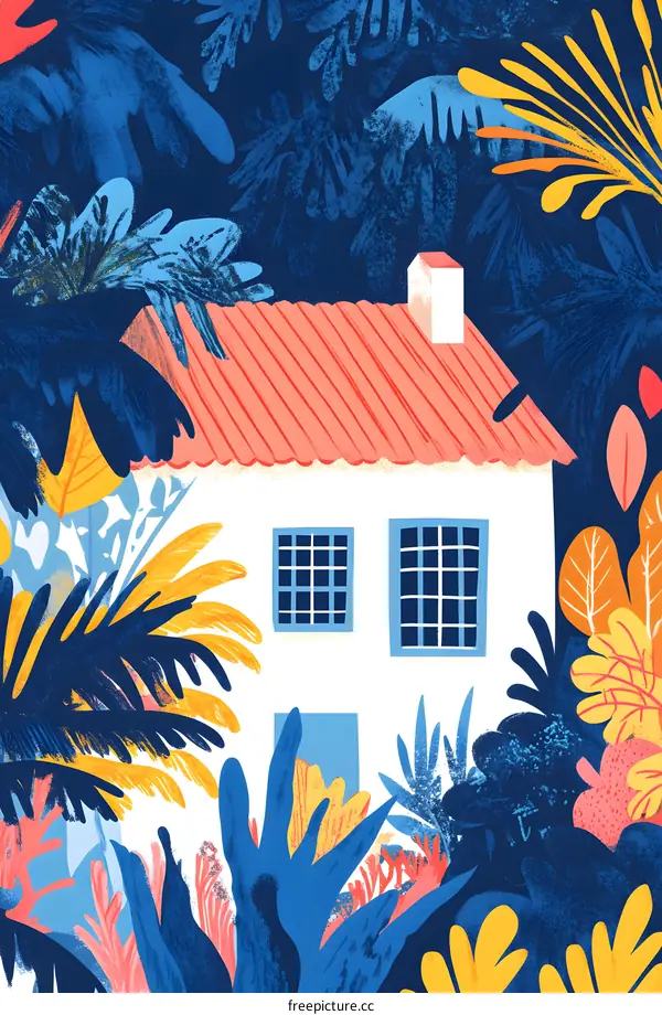 Tropical House Illustration with Blue and Yellow Leaves