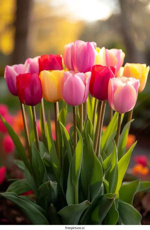 A bouquet of tulips in a garden
