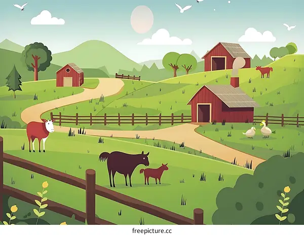 Farm Life Illustration with Red Barn, Animals and Winding Road