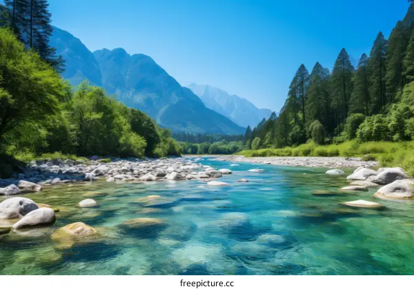 A beautiful mountain river landscape with green trees and blue sky