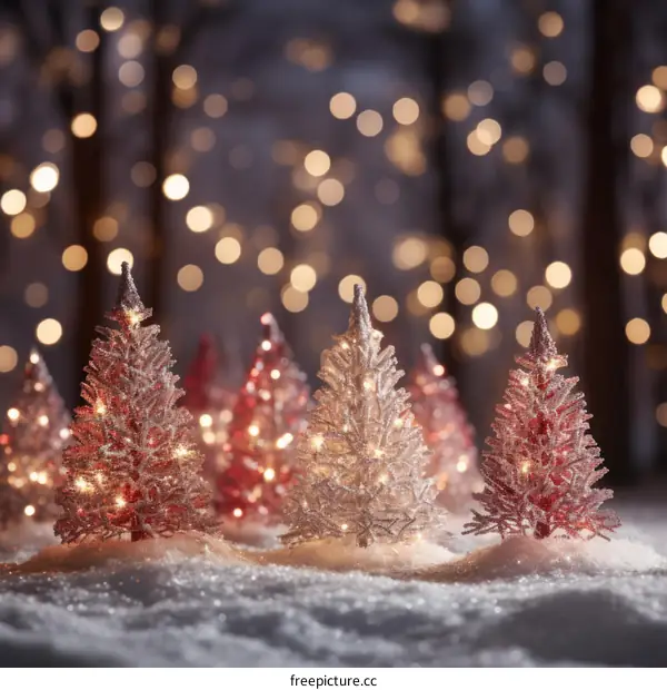 Miniature Christmas Trees with Lights in a Snowy Forest