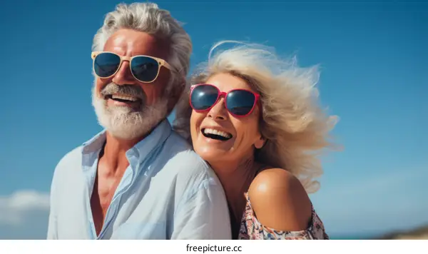 Happy retired couple laughing together in the sun