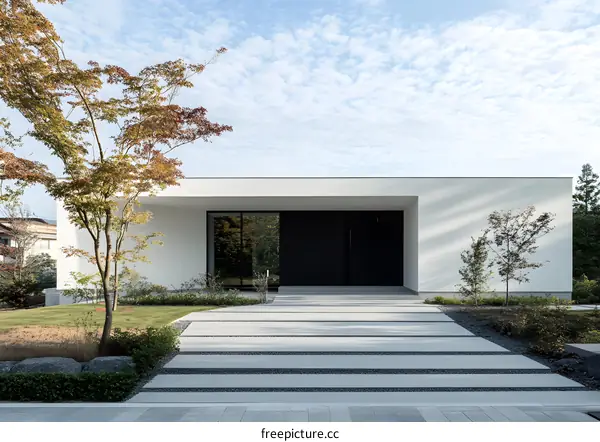 Modern White House with Stone Steps and Landscaping