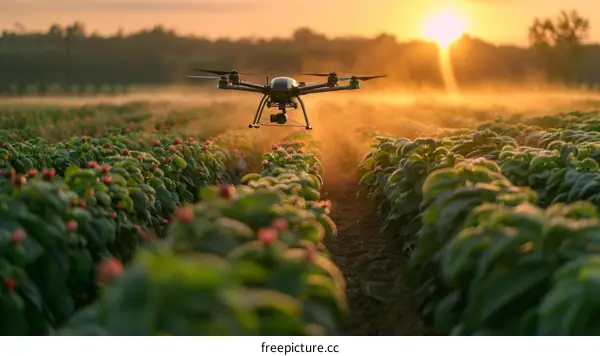 A drone flies over a field of green plants during the day