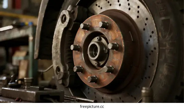 Close-up view of car brake disc with bolts and mechanical parts