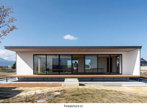 Modern White House With Wooden Deck And Glass Doors