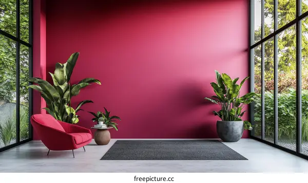 Modern Living Room Interior Design with Deep Red Wall