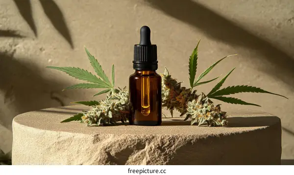 Cannabis Oil Dropper Bottle with Leaves Still Life