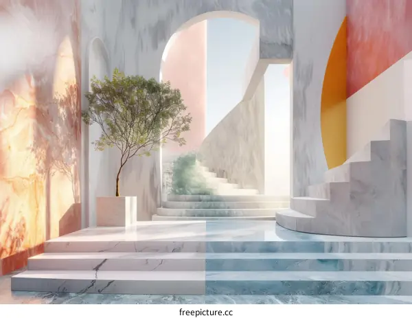 Minimalist Abstract Architecture with Steps and Tree