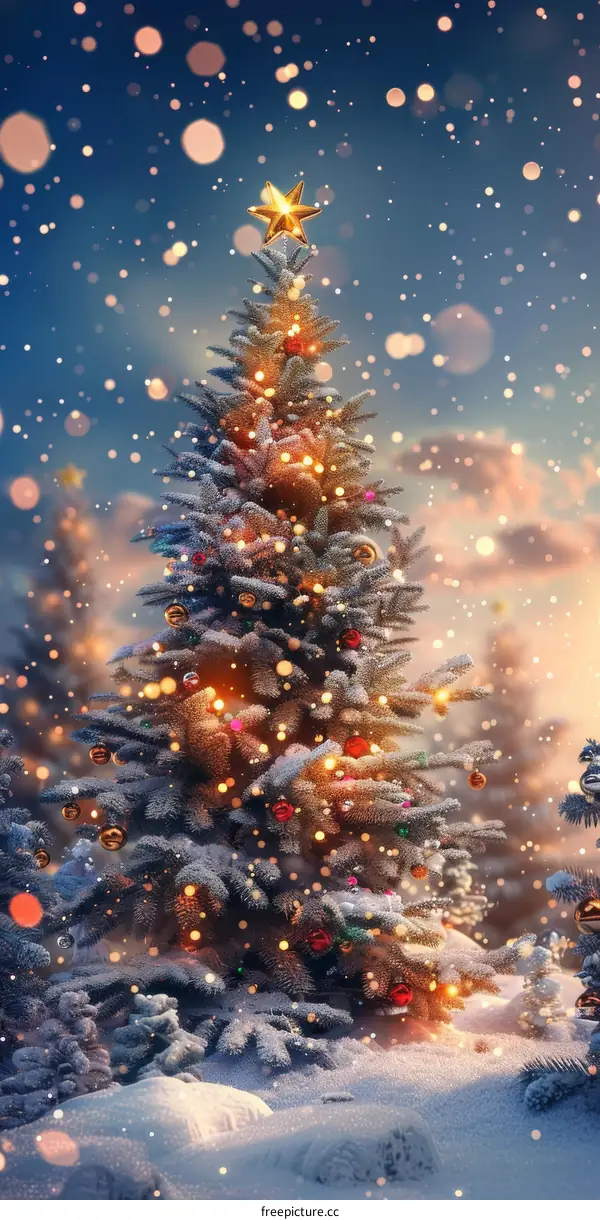 Snowy Christmas Tree in a Winter Forest