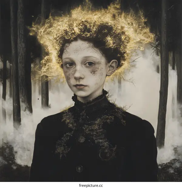 Young Woman with Golden Crown of Flames in the Forest